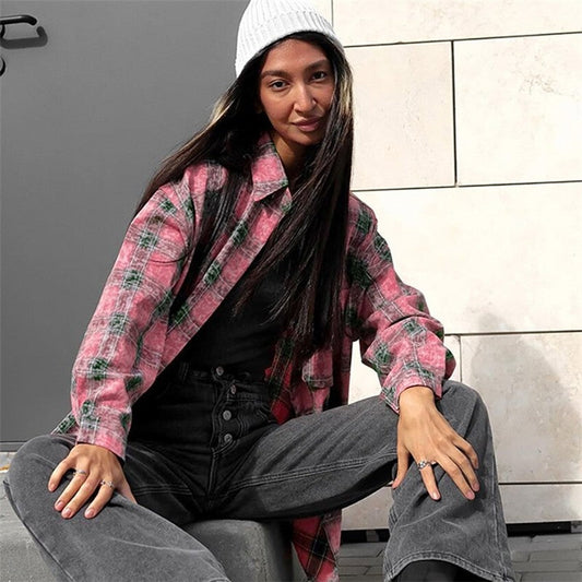 Relaxed Fit Plaid Long Sleeve Women's Shirt