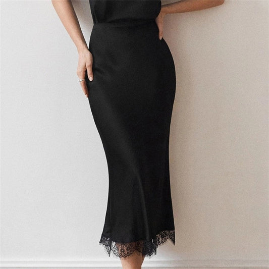 Elegant Lace Zipper Long Skirt in Solid Color