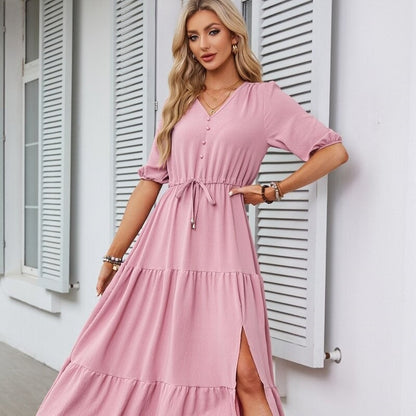 Vibrant V-Neck Drawstring Dress with Split Short Sleeves