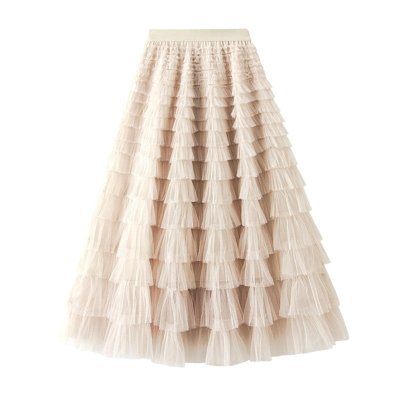 Ruffled A-Line Mesh Cake Skirt with Elastic Waist in Solid Color
