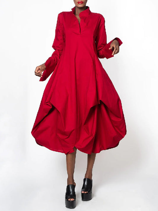 Chic Relaxed Fit Stand-Collar Long Sleeve Midi Dress