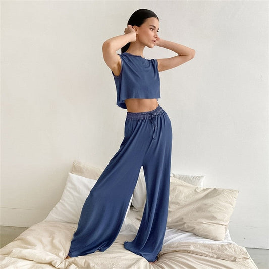 Solid Color Sleeveless Crewneck Tank Top and Wide Leg Pants Set - Loungewear