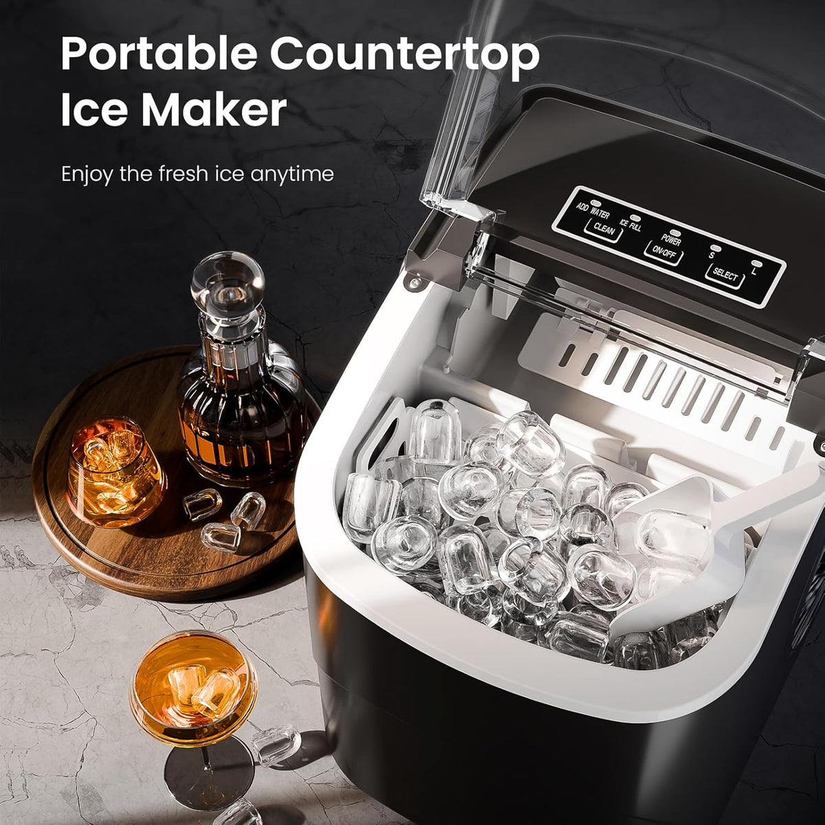 Kismile Ice Makers Countertop with Handle,26.5Lbs/24H,9 Cubes in 6 Mins,2 Sizes of Bullet Ice,Portable Machine with Self-Cleaning,Perfect for Home Kitchen(Black)