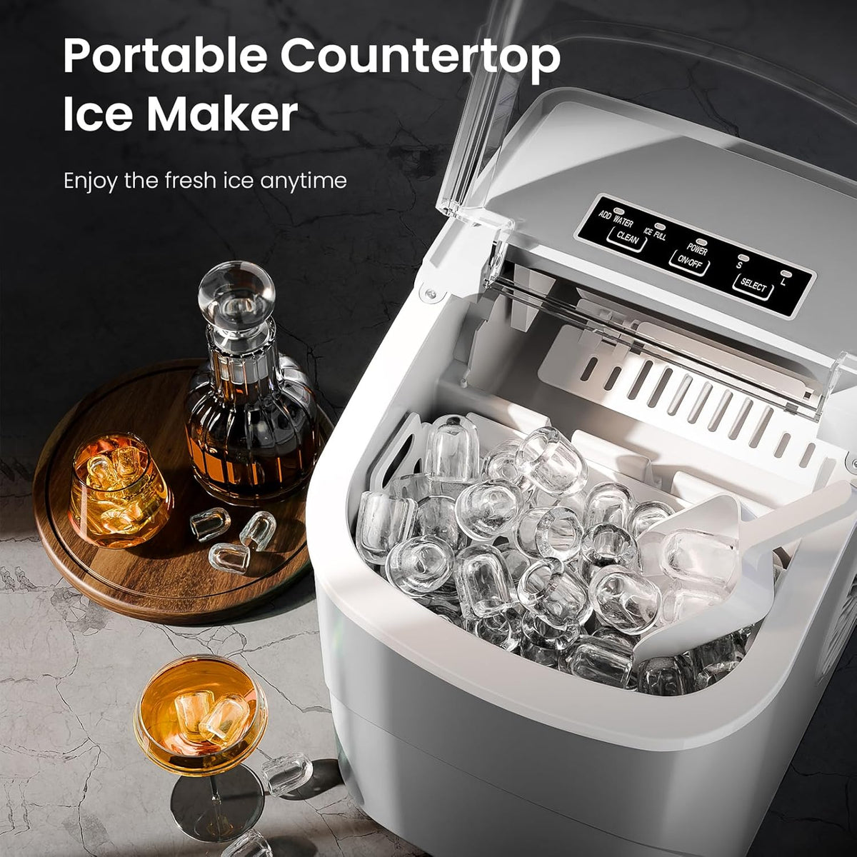 Kismile Ice Makers Countertop with Handle,26.5Lbs/24H,9 Cubes in 6 Mins,2 Sizes of Bullet Ice,Portable Machine with Self-Cleaning,Perfect for Home Kitchen(Black)