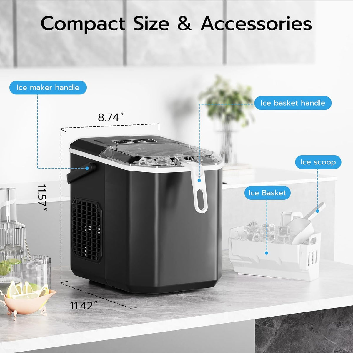 Kismile Ice Makers Countertop with Handle,26.5Lbs/24H,9 Cubes in 6 Mins,2 Sizes of Bullet Ice,Portable Machine with Self-Cleaning,Perfect for Home Kitchen(Black)