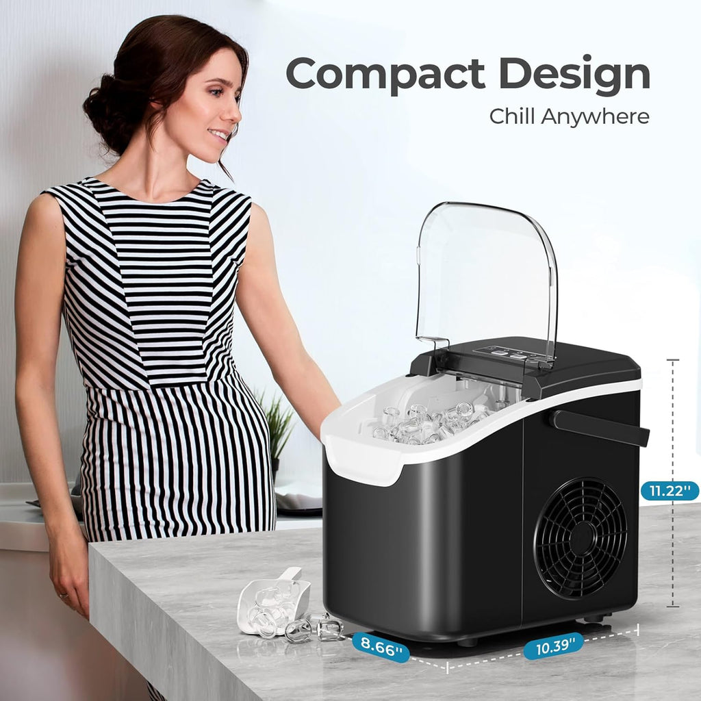 Kismile Ice Makers Countertop with Handle,26.5Lbs/24H,9 Cubes in 6 Mins,2 Sizes of Bullet Ice,Portable Machine with Self-Cleaning,Perfect for Home Kitchen(Black)