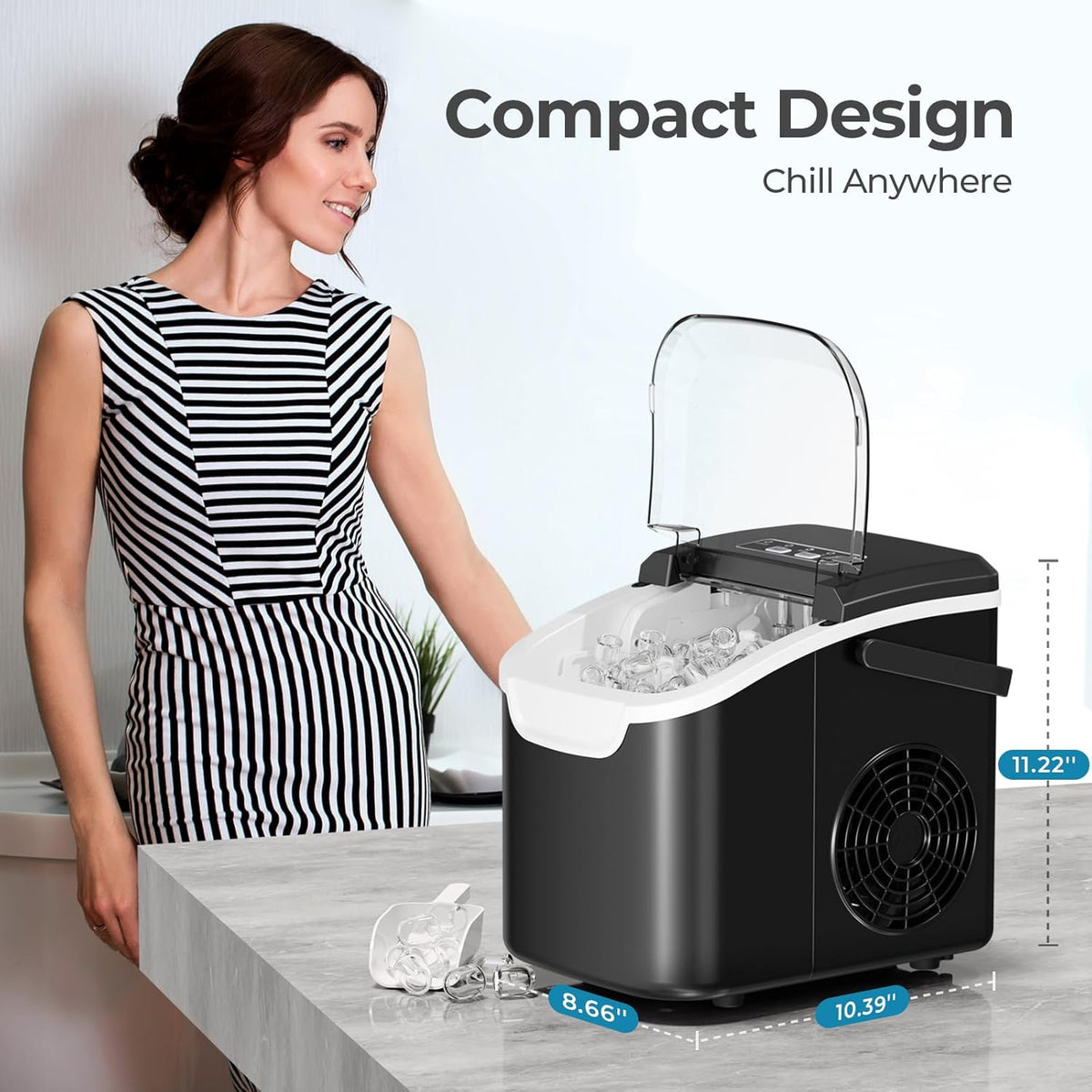Kismile Ice Makers Countertop with Handle,26.5Lbs/24H,9 Cubes in 6 Mins,2 Sizes of Bullet Ice,Portable Machine with Self-Cleaning,Perfect for Home Kitchen(Black)