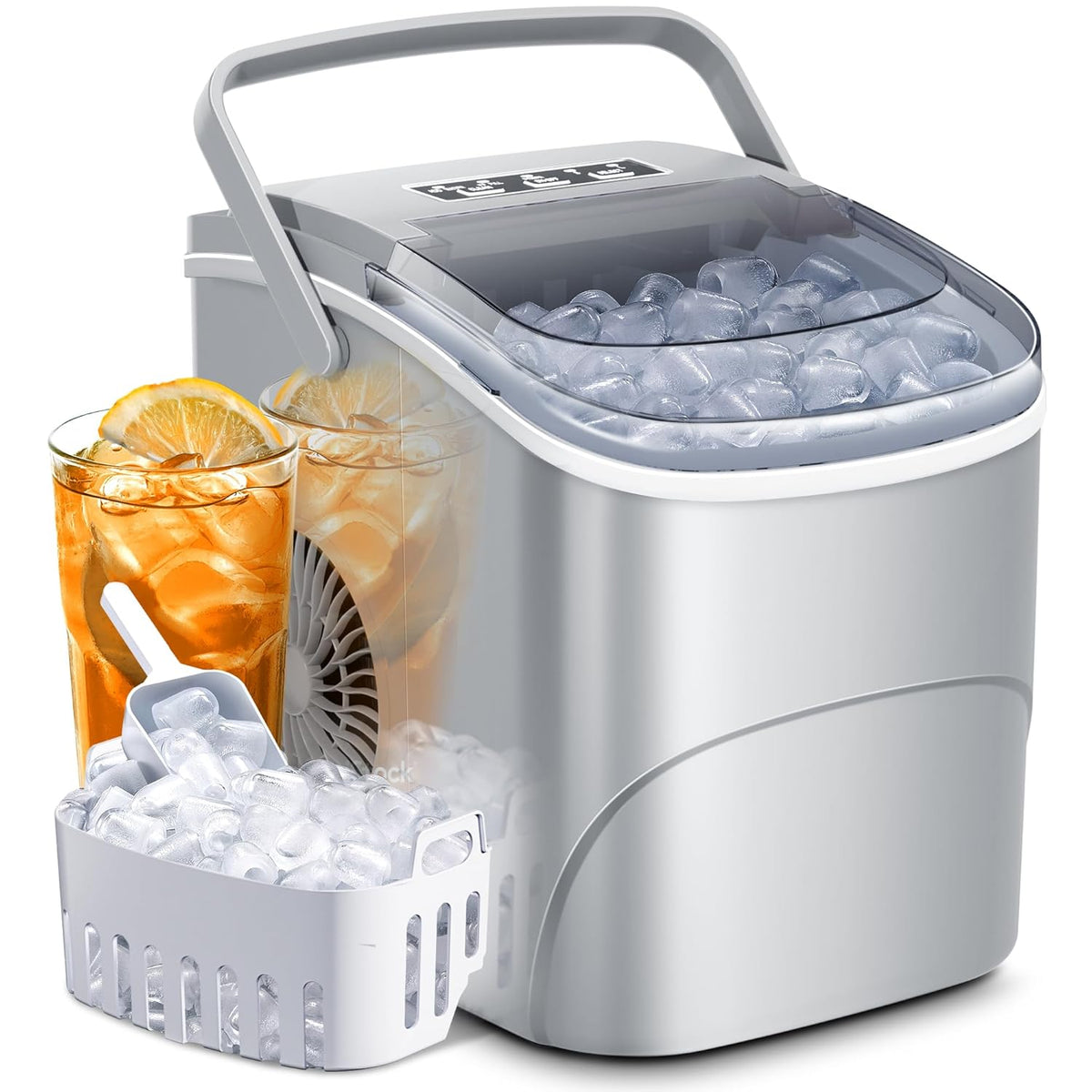 Kismile Ice Makers Countertop with Handle,26.5Lbs/24H,9 Cubes in 6 Mins,2 Sizes of Bullet Ice,Portable Machine with Self-Cleaning,Perfect for Home Kitchen(Black)