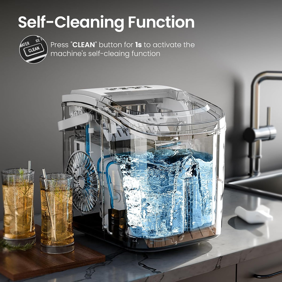 Kismile Ice Makers Countertop with Handle,26.5Lbs/24H,9 Cubes in 6 Mins,2 Sizes of Bullet Ice,Portable Machine with Self-Cleaning,Perfect for Home Kitchen(Black)