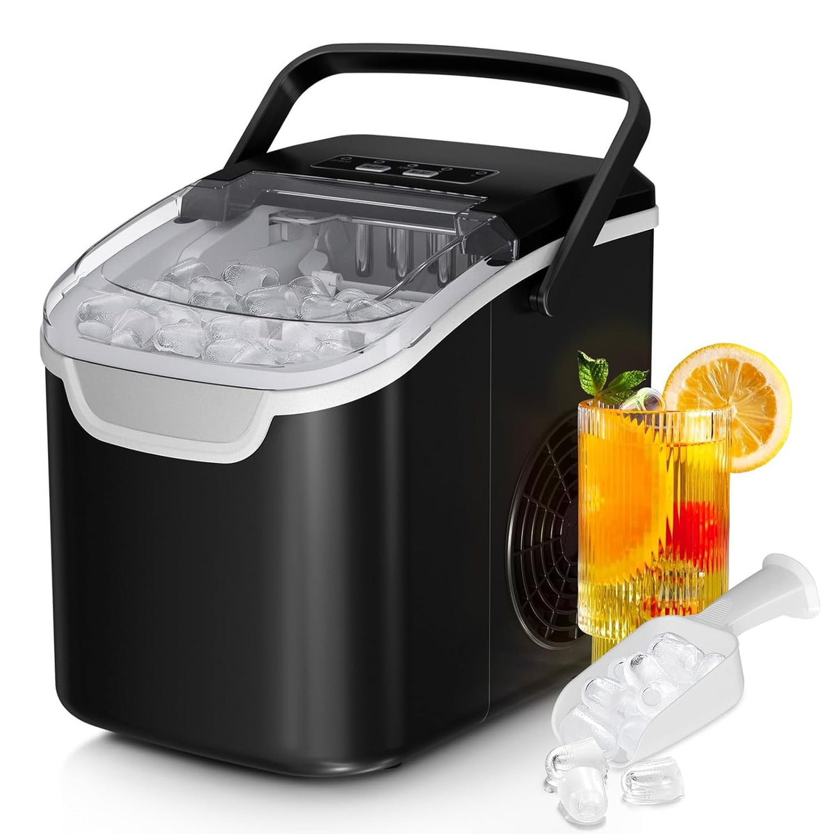 Kismile Ice Makers Countertop with Handle,26.5Lbs/24H,9 Cubes in 6 Mins,2 Sizes of Bullet Ice,Portable Machine with Self-Cleaning,Perfect for Home Kitchen(Black)