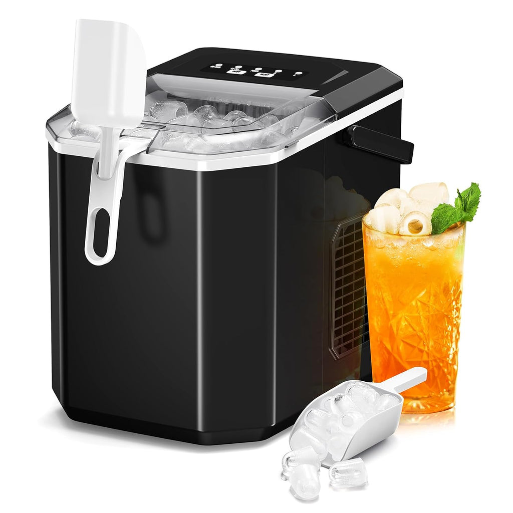 Kismile Ice Makers Countertop with Handle,26.5Lbs/24H,9 Cubes in 6 Mins,2 Sizes of Bullet Ice,Portable Machine with Self-Cleaning,Perfect for Home Kitchen(Black)