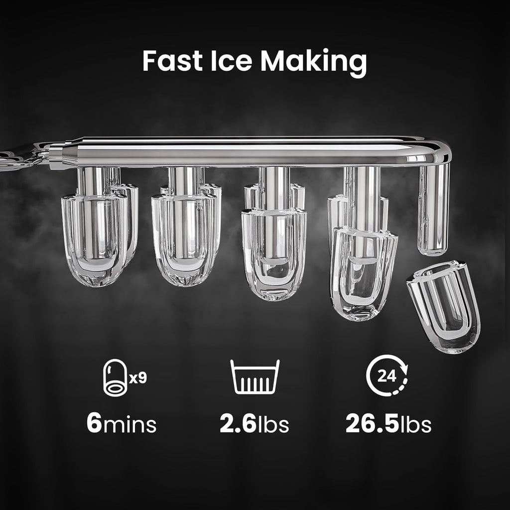 Kismile Ice Makers Countertop with Handle,26.5Lbs/24H,9 Cubes in 6 Mins,2 Sizes of Bullet Ice,Portable Machine with Self-Cleaning,Perfect for Home Kitchen(Black)