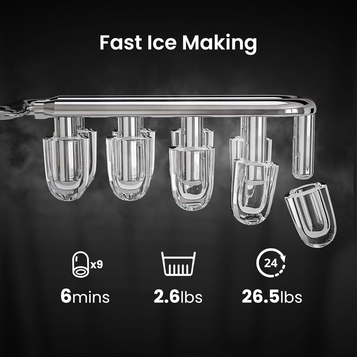 Kismile Ice Makers Countertop with Handle,26.5Lbs/24H,9 Cubes in 6 Mins,2 Sizes of Bullet Ice,Portable Machine with Self-Cleaning,Perfect for Home Kitchen(Black)