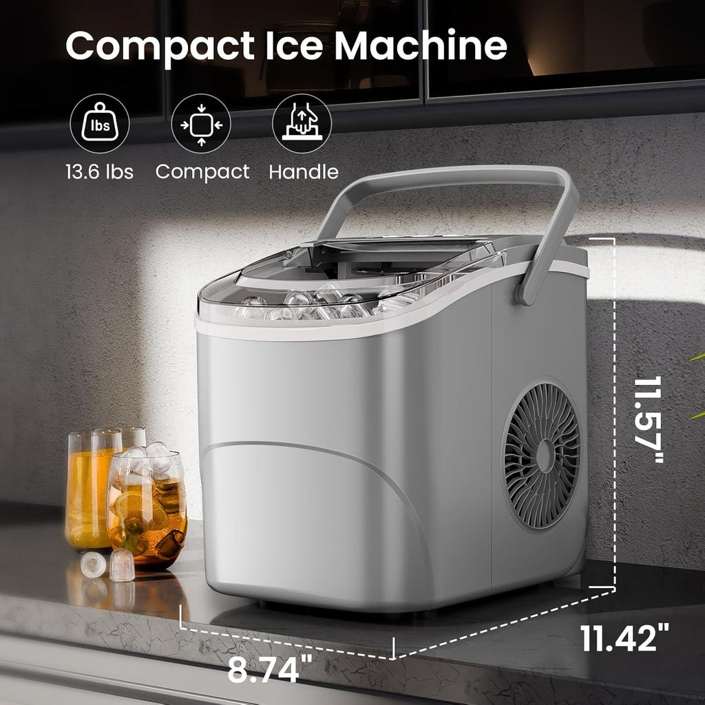 Kismile Ice Makers Countertop with Handle,26.5Lbs/24H,9 Cubes in 6 Mins,2 Sizes of Bullet Ice,Portable Machine with Self-Cleaning,Perfect for Home Kitchen(Black)