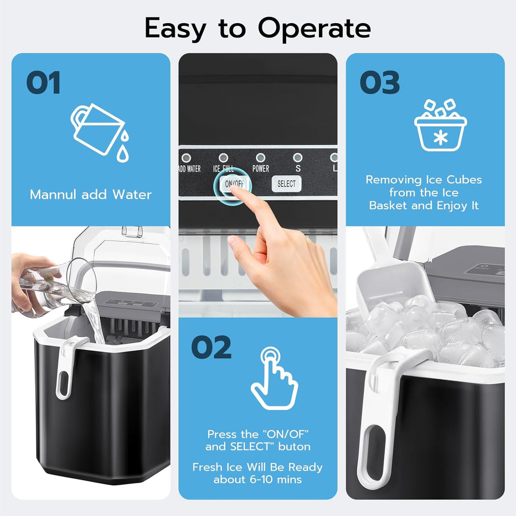 Kismile Ice Makers Countertop with Handle,26.5Lbs/24H,9 Cubes in 6 Mins,2 Sizes of Bullet Ice,Portable Machine with Self-Cleaning,Perfect for Home Kitchen(Black)