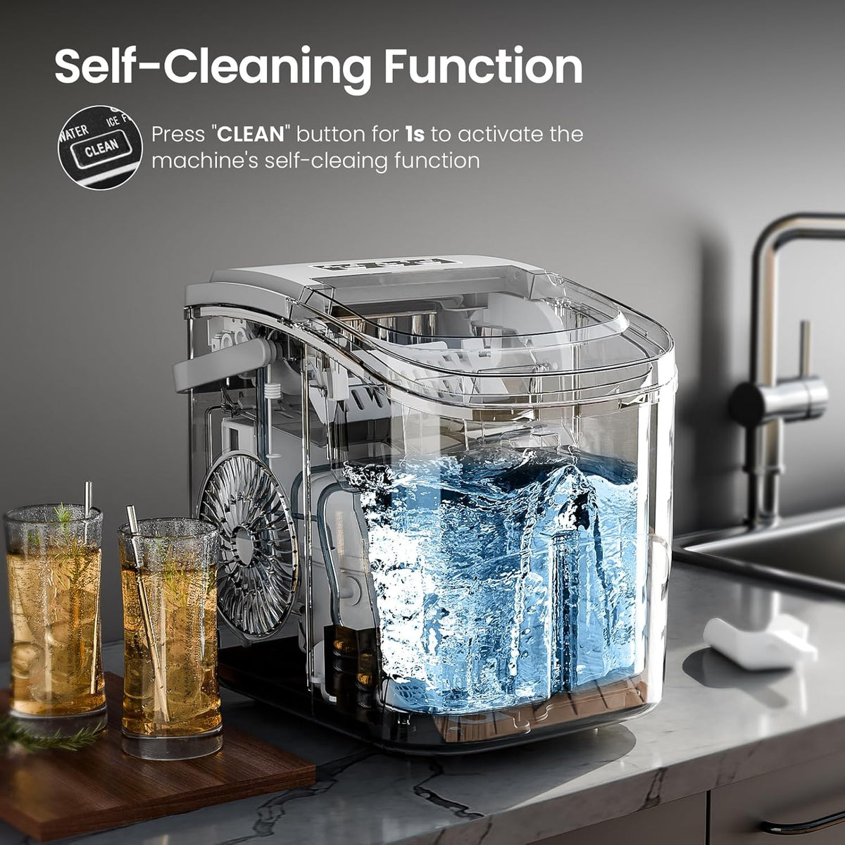 Kismile Ice Makers Countertop with Handle,26.5Lbs/24H,9 Cubes in 6 Mins,2 Sizes of Bullet Ice,Portable Machine with Self-Cleaning,Perfect for Home Kitchen(Black)