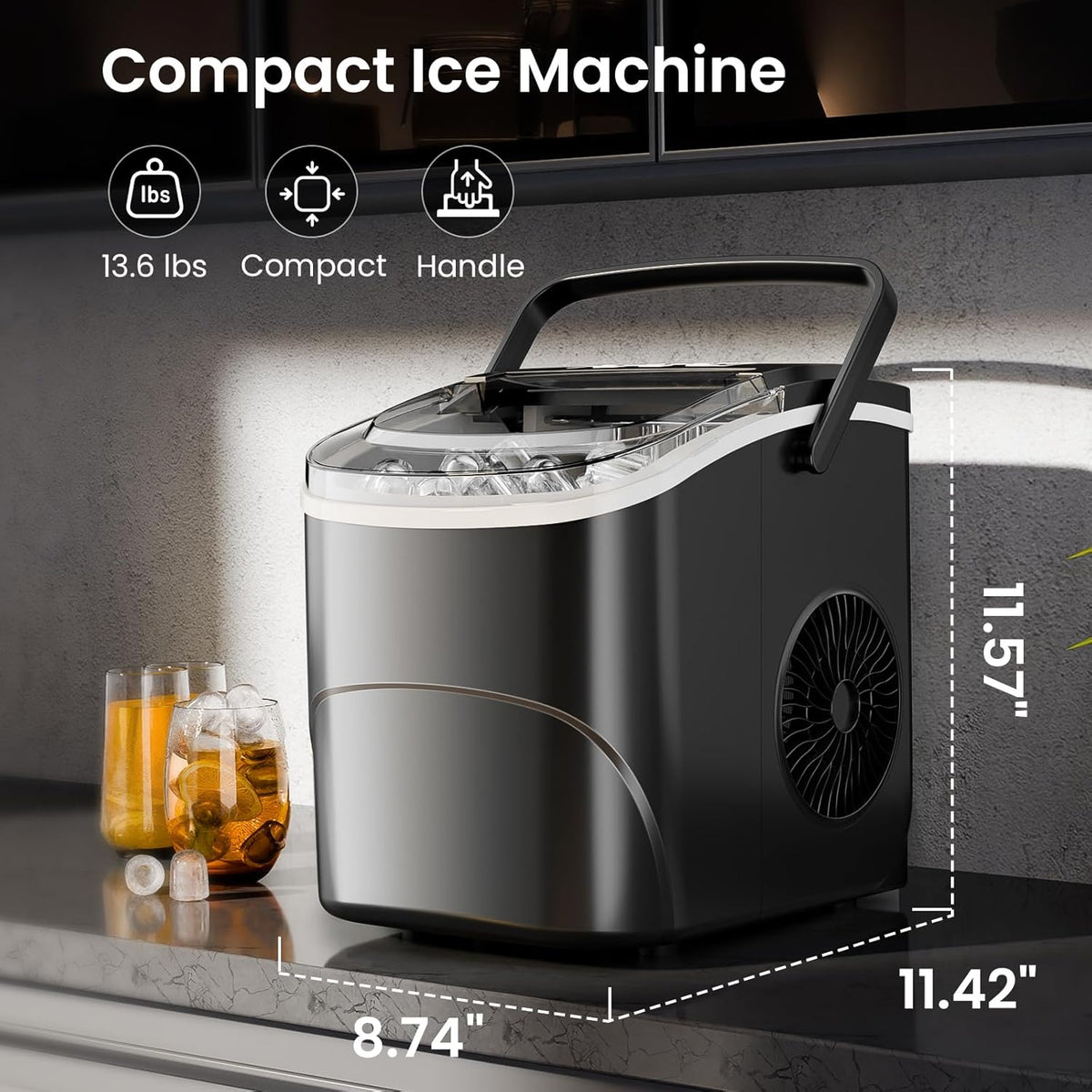 Kismile Ice Makers Countertop with Handle,26.5Lbs/24H,9 Cubes in 6 Mins,2 Sizes of Bullet Ice,Portable Machine with Self-Cleaning,Perfect for Home Kitchen(Black)