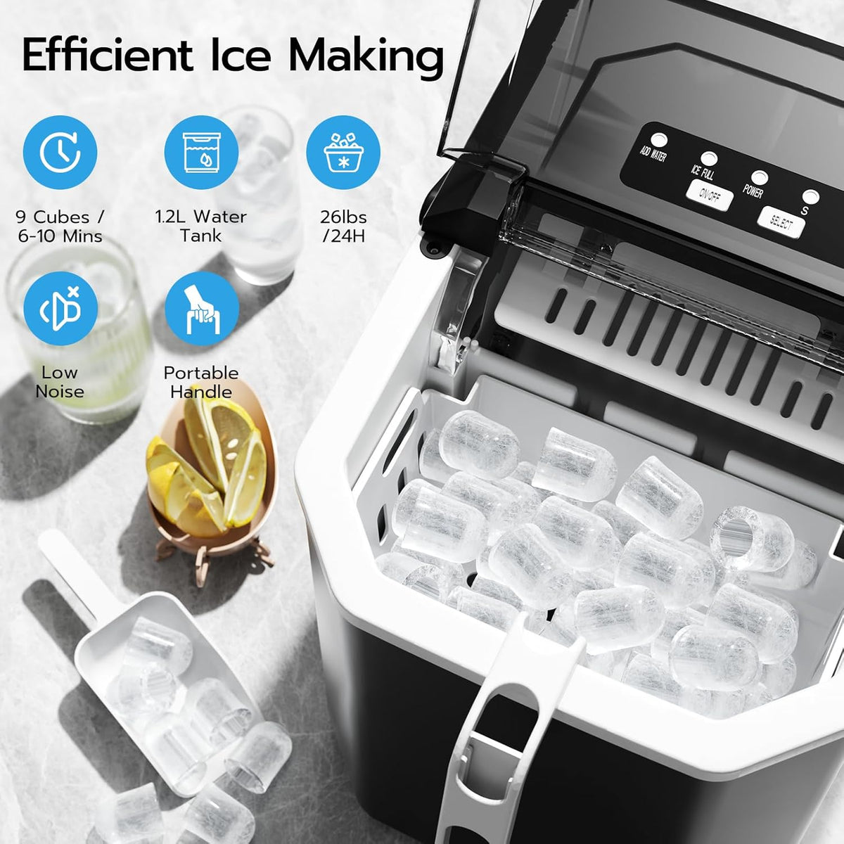 Kismile Ice Makers Countertop with Handle,26.5Lbs/24H,9 Cubes in 6 Mins,2 Sizes of Bullet Ice,Portable Machine with Self-Cleaning,Perfect for Home Kitchen(Black)