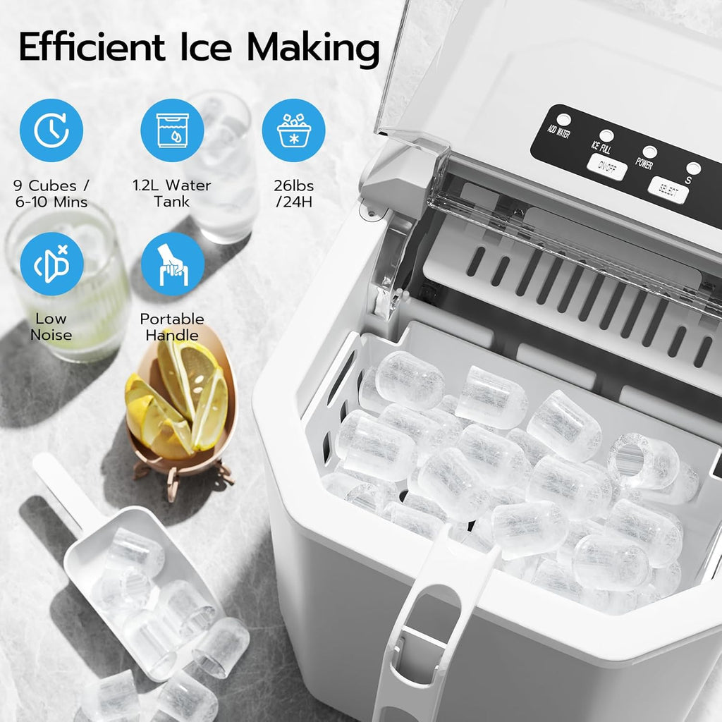 Kismile Ice Makers Countertop with Handle,26.5Lbs/24H,9 Cubes in 6 Mins,2 Sizes of Bullet Ice,Portable Machine with Self-Cleaning,Perfect for Home Kitchen(Black)