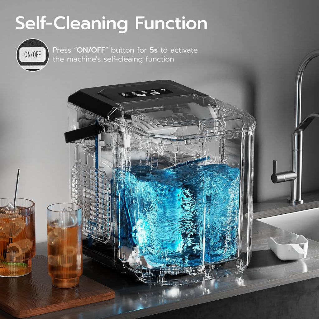 Kismile Ice Makers Countertop with Handle,26.5Lbs/24H,9 Cubes in 6 Mins,2 Sizes of Bullet Ice,Portable Machine with Self-Cleaning,Perfect for Home Kitchen(Black)