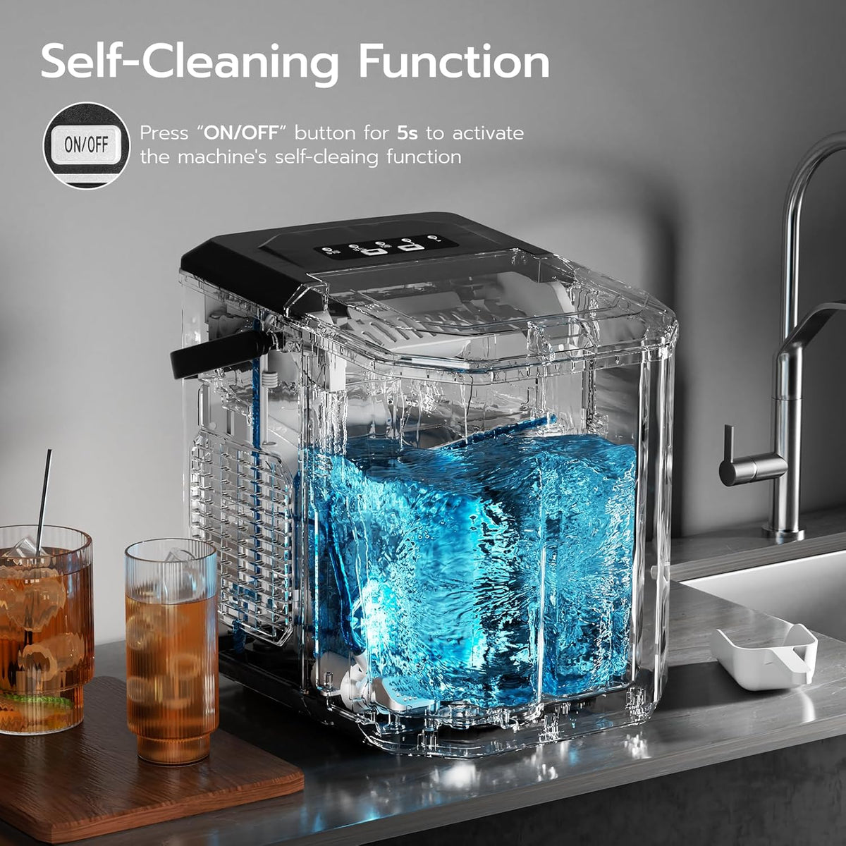 Kismile Ice Makers Countertop with Handle,26.5Lbs/24H,9 Cubes in 6 Mins,2 Sizes of Bullet Ice,Portable Machine with Self-Cleaning,Perfect for Home Kitchen(Black)