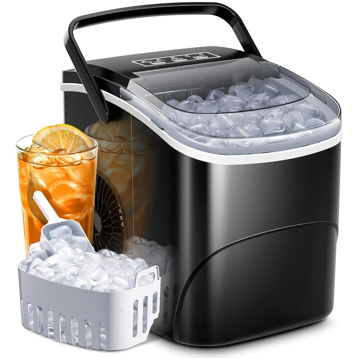Kismile Ice Makers Countertop with Handle,26.5Lbs/24H,9 Cubes in 6 Mins,2 Sizes of Bullet Ice,Portable Machine with Self-Cleaning,Perfect for Home Kitchen(Black)