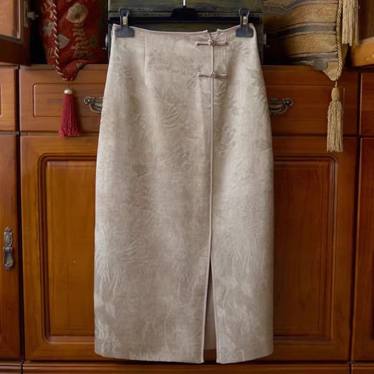 Retro Jacquard High Waisted Slit Skirt