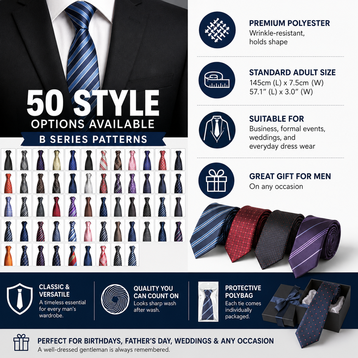 Men's Neckties – Formal Classic Patterned Polyester Tie for Weddings & Business (50 Styles, B Series)