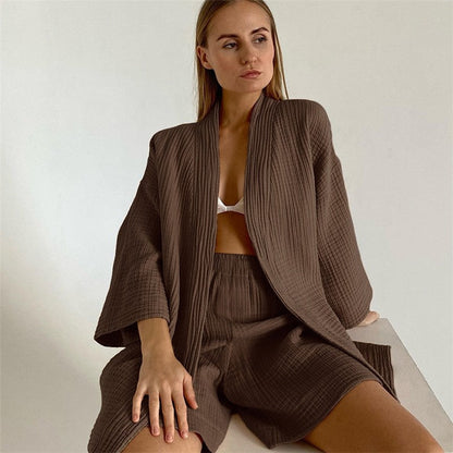Double Gauze Two-Piece Pajama Set with Five-Quarter Sleeves for Women