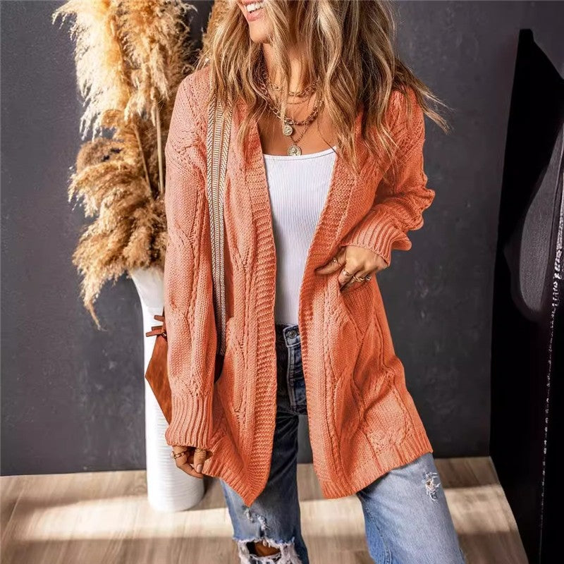 Solid Color Casual Mid-Length Knitted Cardigan Coat