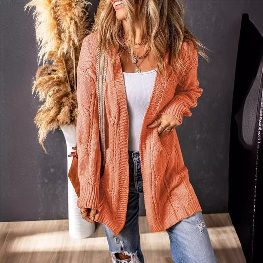 Solid Color Casual Mid-Length Knitted Cardigan Coat