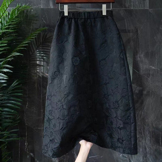 Solid Color Elastic Waist A-Line Jacquard Skirt