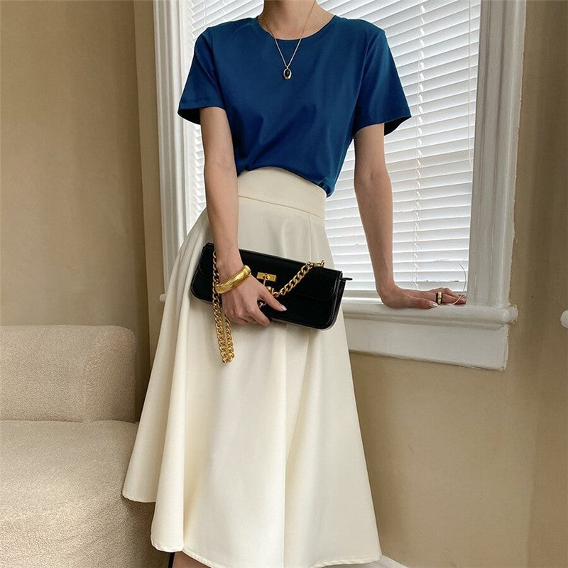 High-Waisted A-Line Midi Skirt in Solid Color