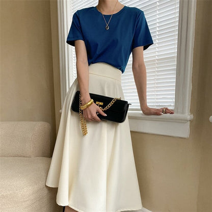 High-Waisted A-Line Midi Skirt in Solid Color