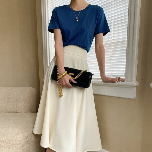 High-Waisted A-Line Midi Skirt in Solid Color