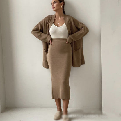 Two-Piece Solid Color Long Sleeve Sweater Cardigan and Skirt Set