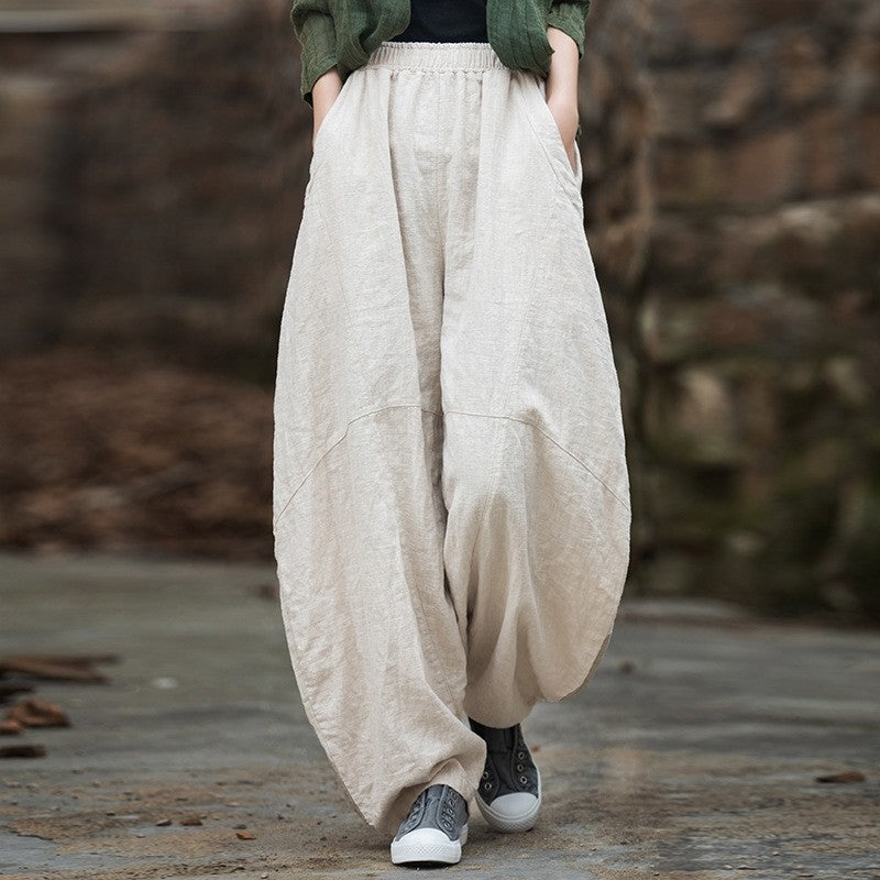 Women's Loose-Fitting Linen & Cotton Ramie Sand-Fried Meditation Tai Chi Lantern Pants