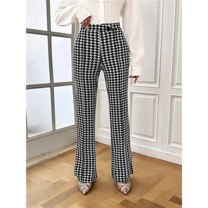 Houndstooth Pattern High-Waisted Bell Bottom Trousers