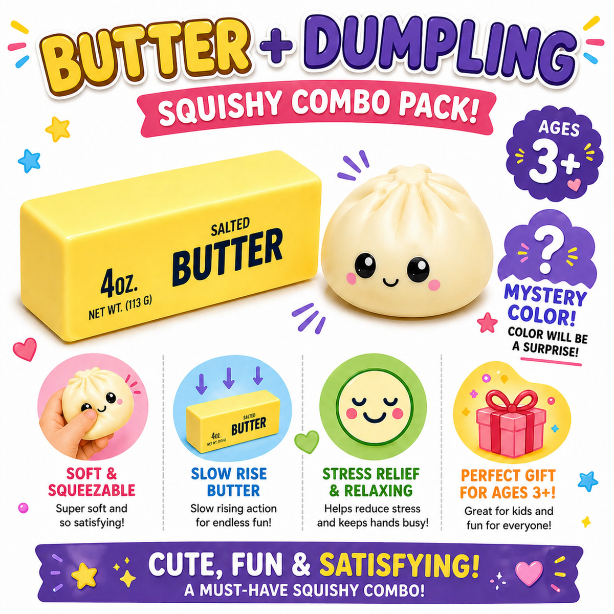 Butter Squishy + Squishy Dumpling Combo Pack – 2PC Stress Relief Fidget Toy Set