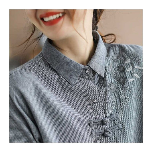 Grid Folk Style Embroidered Button-Down Shirt