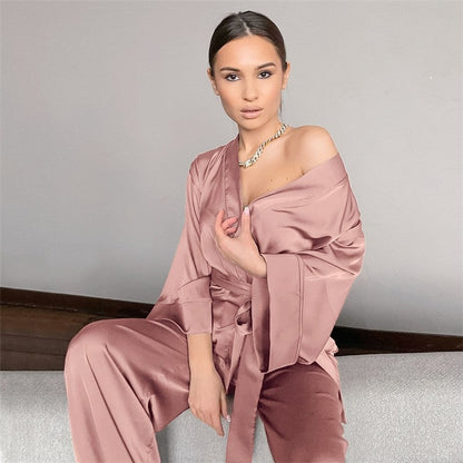 Solid Color Satin Tie Pajama Set