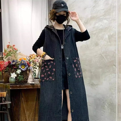 Loose Hooded Long Denim Vest With Printed Patterns