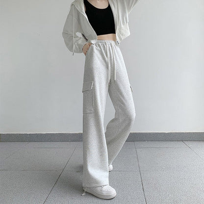 Casual Loose Fit Solid Color Cargo Pants with Elastic Waistband