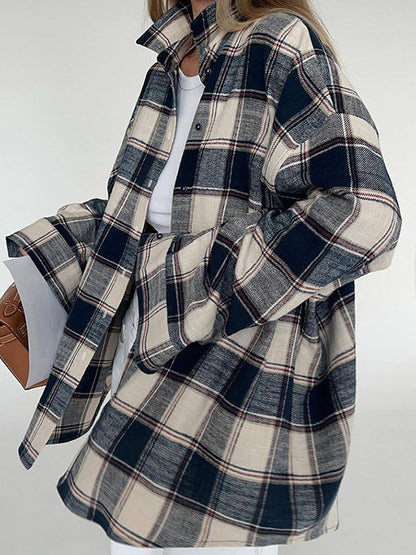 Long Sleeves Loose Plaid Split-Joint Lapel Blouses&Shirts Tops