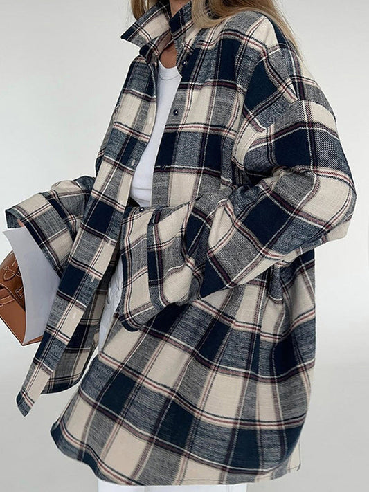Long Sleeves Loose Plaid Split-Joint Lapel Blouses&Shirts Tops