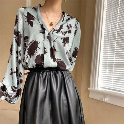 Vibrant Ink Lantern Sleeve Satin V-Neck Shirt