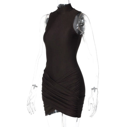 Solid Color Zippered Stand Collar Bodycon Skirt with Pleats