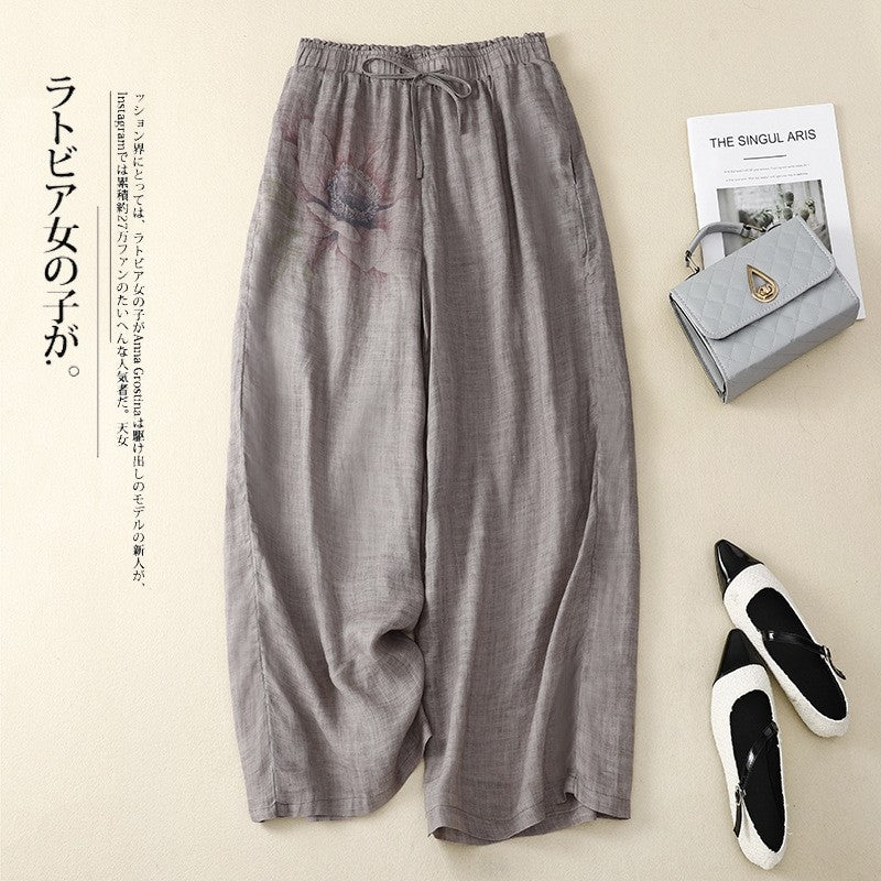 Vintage Women's Cotton Hemp Elastic Waist Lace-Up Wide Leg Trousers