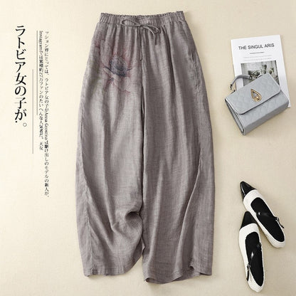 Vintage Women's Cotton Hemp Elastic Waist Lace-Up Wide Leg Trousers