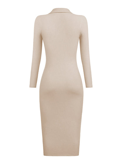 High Waisted Long Sleeves Buttoned Solid Color Lapel Midi Dresses